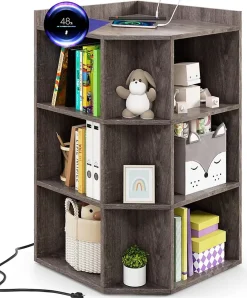 Bibliothèque angle avec Station de Charge 4 Prises 2 USB 3 Niveaux avec 9 Casiers pour Jouets Livres Gris