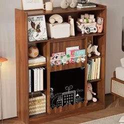 Bibliothèque avec tableau et portes coulissantes,120x38,5x151,5cm,couleur noyer, 9 compartiments et rangement pour livres d'images