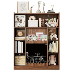 Bibliothèque avec tableau et portes coulissantes,120x38,5x151,5cm,couleur noyer, 9 compartiments et rangement pour livres d'images