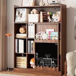 Bibliothèque avec tableau et portes coulissantes,120x38,5x151,5cm,couleur noyer, 9 compartiments et rangement pour livres d'images