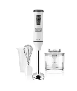 BLACK & DECKER BXHBA600E Mixeur plongeant - 600 W - Bras Inox - Avec accessoires - Blanc