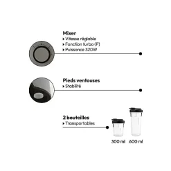 Blender avec 2 bouteilles 300ml / 600 ml - Gris- 5five