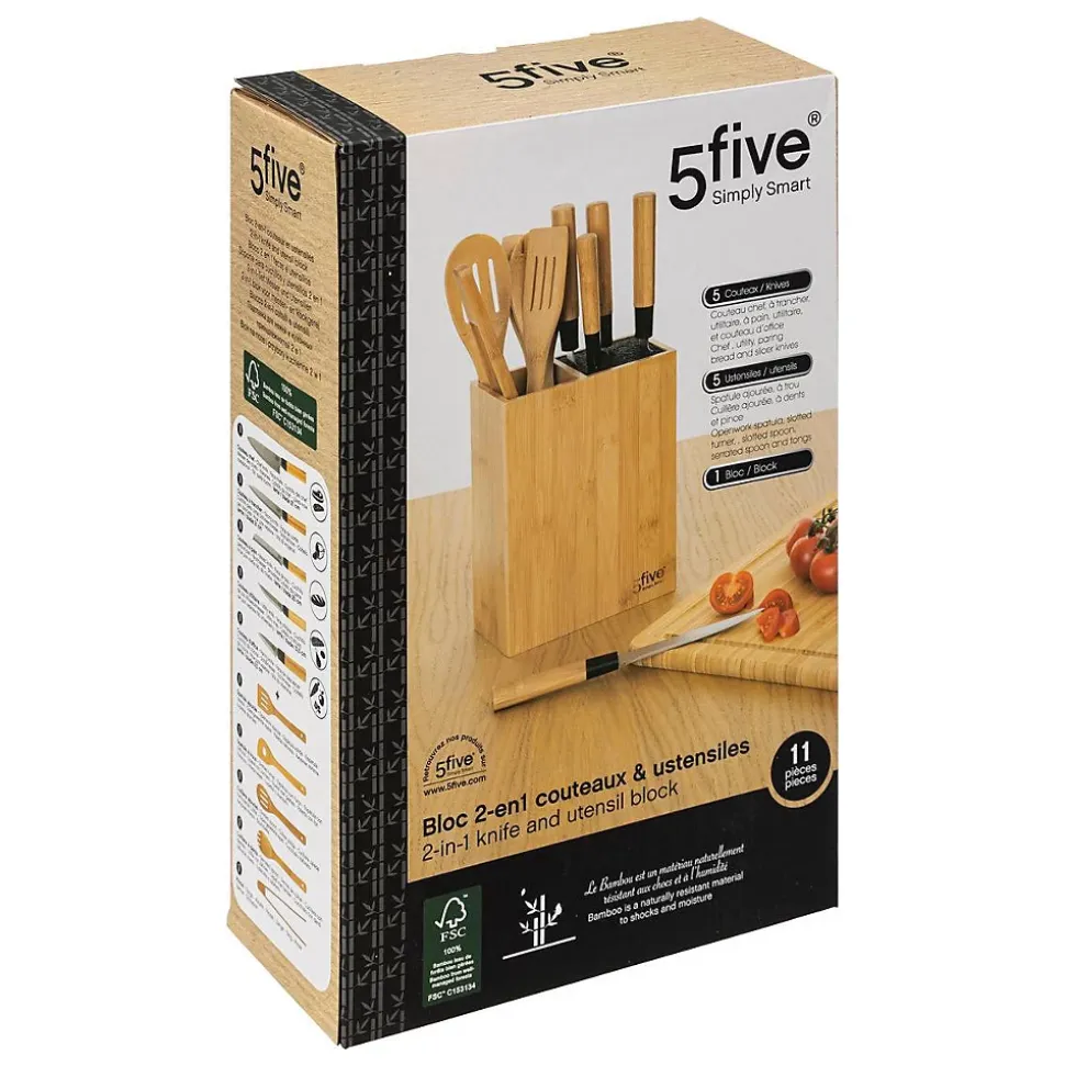Bloc 5 couteaux & 5 ustensiles manche bambou - 5Five