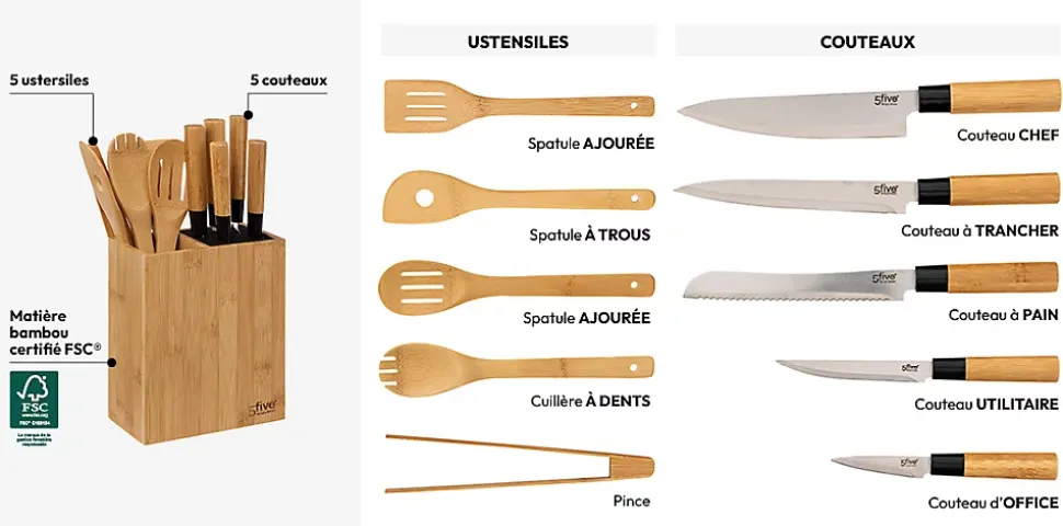 Bloc 5 couteaux & 5 ustensiles manche bambou - 5Five