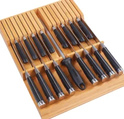 bloc de couteaux de cuisine en bambou avec grande poignée (sans couteau) pour 16 couteaux et 1 aiguiseur acier