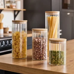 Bocal en verre strié avec couvercle en bambou 0,55 L Guy Levasseur