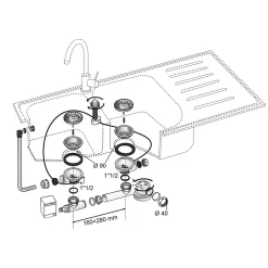 Bonde à panier avec commande à câble 90mm, trop-plein et siphon extra-plat blanc Wirquin