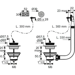 Bonde d'évier et trop plein - Valentin - Inox - diamètre60 mm