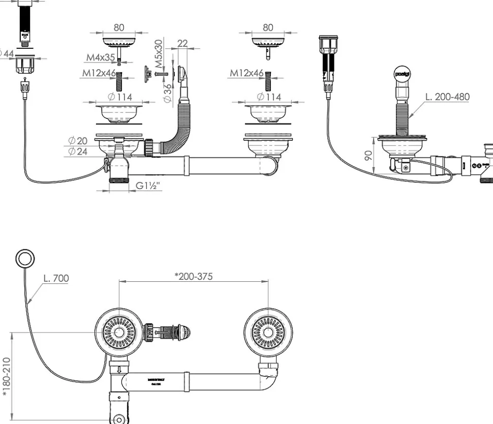 Bonde évier 2 cuves avec vidage automatique diamètre 90 mm couleur or