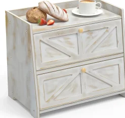 Boîte à pain en bambou à 2 étages - Pour plan de travail de cuisine 40 x 25 x 35 cm - blanc vieilli