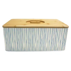 Boîte à pain rayée écru et bleu avec couvercle en bambou Box & Beyond