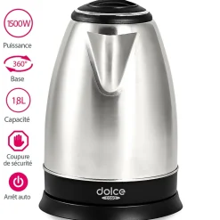 Bouilloire Electrique Inox 1.8L - Dolce Casa DC-BL-1-8L-INOX - 1500W, Protection anti-surchauffe, Arrêt auto. à ébullition