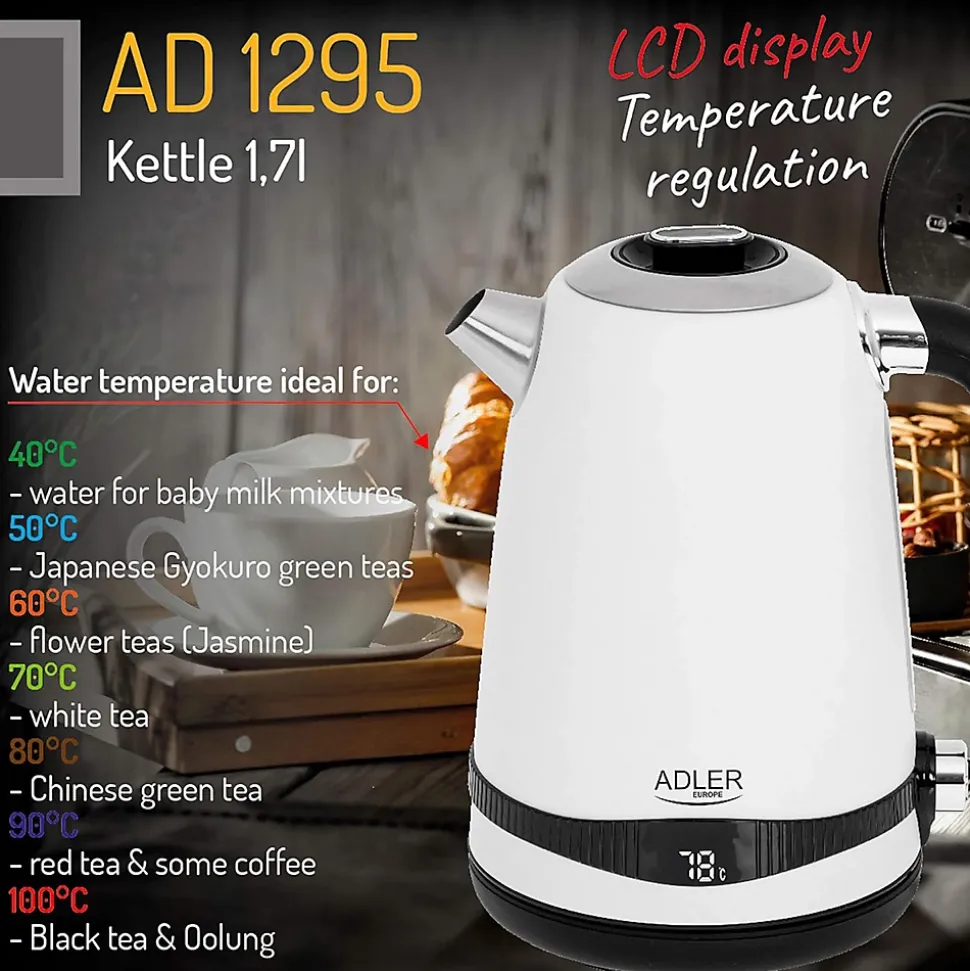 Bouilloire en métal Blanche Adler AD 1295 1,7 L avec écran LCD et contrôle de la température