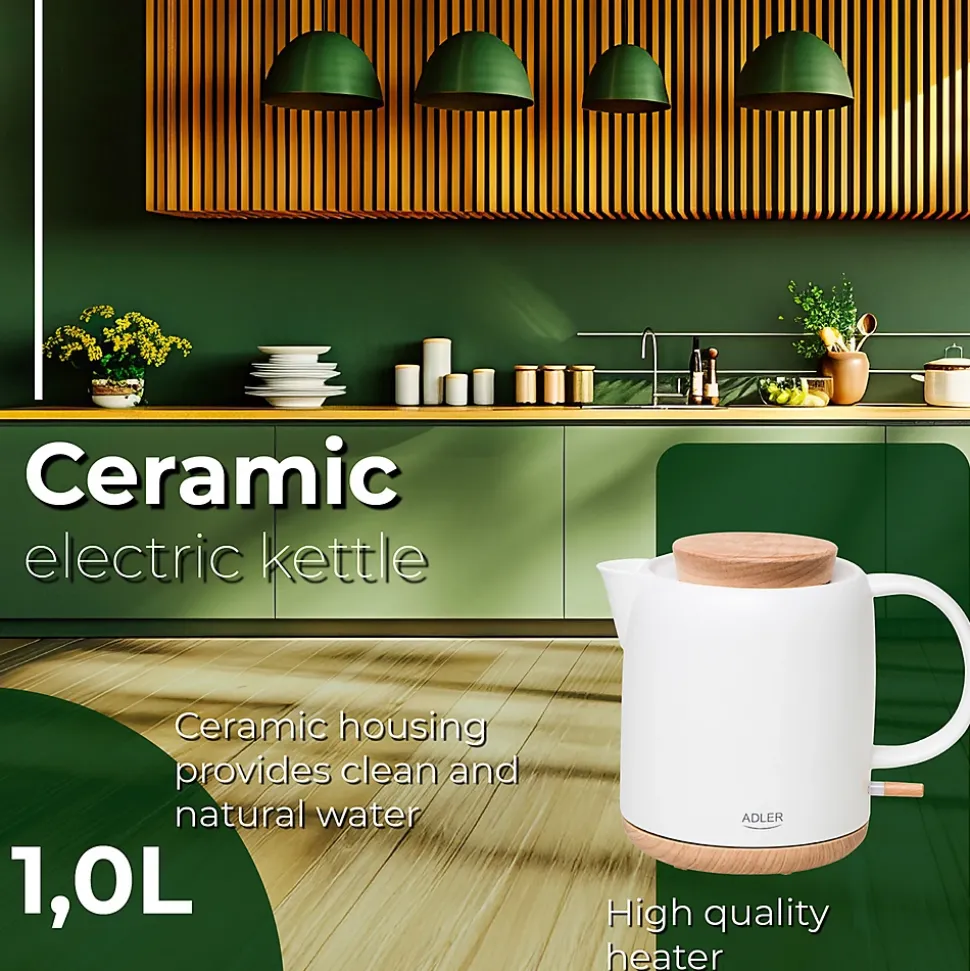 Bouilloire électrique Adler AD 1304 - en céramique, Capacité 1,0 L, 1200W - Protection automatique contre l'ébullition sans eau