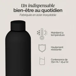 Bouteille, gourde isotherme chaud ou froid en acier inoxydable, réutilisable - 750 ml - Noir - Vivezen