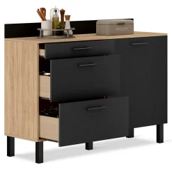 Buffet bas casserolier de cuisine 120 cm CINA plan de travail H.83 cm 1 porte + 3 tiroirs façon hêtre et noir