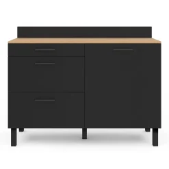Buffet bas casserolier de cuisine 120 cm CINA plan de travail H.83 cm 1 porte + 3 tiroirs façon hêtre et noir