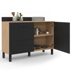 Buffet bas casserolier de cuisine 120 cm CINA plan de travail H.83 cm 1 porte + 3 tiroirs façon hêtre et noir