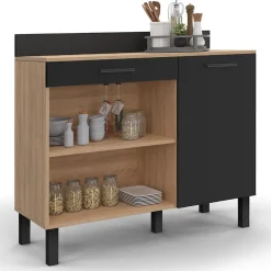 Buffet bas de cuisine 100 CM CINA plan de travail H.83 cm 1 porte + 1 tiroir façon hêtre et noir