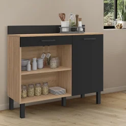Buffet bas de cuisine 100 CM CINA plan de travail H.83 cm 1 porte + 1 tiroir façon hêtre et noir