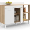 Buffet bas de cuisine 120 cm CINA plan de travail H.83 cm 2 portes + tiroir façon hêtre et blanc