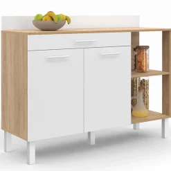 Buffet bas de cuisine 120 cm CINA plan de travail H.83 cm 2 portes + tiroir façon hêtre et blanc