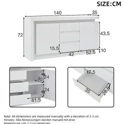 Buffet commode,140x35x72cm,blanc,3 tiroirs,étagères réglables,2 portes,LED brillant