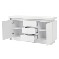 Buffet commode,140x35x72cm,blanc,3 tiroirs,étagères réglables,2 portes,LED brillant
