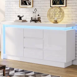 Buffet commode,140x35x72cm,blanc,3 tiroirs,étagères réglables,2 portes,LED brillant