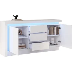 Buffet commode,140x35x72cm,blanc,3 tiroirs,étagères réglables,2 portes,LED brillant