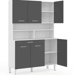 Buffet de cuisine 120 CM CINA 6 portes + tiroir blanc et gris brillant