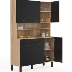 Buffet de cuisine 120 CM CINA 6 portes + tiroir façon hêtre et noir