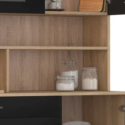 Buffet de cuisine 120 CM CINA 6 portes + tiroir façon hêtre et noir