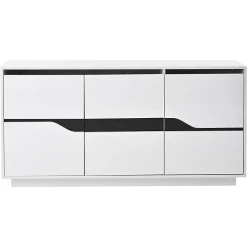 Buffet de salon 140x40x76cm, blanc+noir, 3 portes, séparateurs réglables, casiers larges sans poignées, brillant, LED