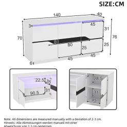 Buffet de salon 140x40x76cm, blanc+noir, 3 portes, séparateurs réglables, casiers larges sans poignées, brillant, LED