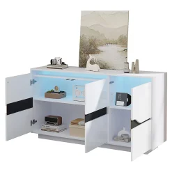 Buffet de salon 140x40x76cm, blanc+noir, 3 portes, séparateurs réglables, casiers larges sans poignées, brillant, LED