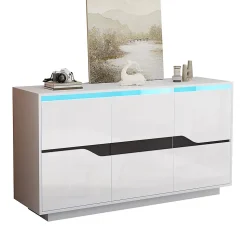 Buffet de salon 140x40x76cm, blanc+noir, 3 portes, séparateurs réglables, casiers larges sans poignées, brillant, LED