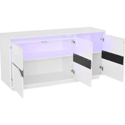 Buffet de salon 140x40x76cm, blanc+noir, 3 portes, séparateurs réglables, casiers larges sans poignées, brillant, LED