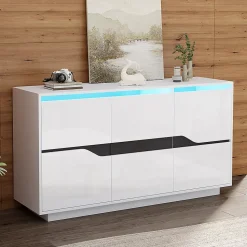 Buffet de salon 140x40x76cm, blanc+noir, 3 portes, séparateurs réglables, casiers larges sans poignées, brillant, LED