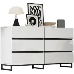 Buffet de salon 140x39,5x78,5cm,blanc+noir,6 tiroirs,3 pieds métalliques