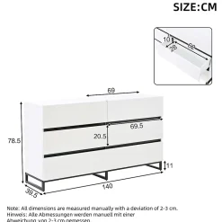 Buffet de salon 140x39,5x78,5cm,blanc+noir,6 tiroirs,3 pieds métalliques