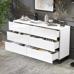 Buffet de salon 140x39,5x78,5cm,blanc+noir,6 tiroirs,3 pieds métalliques