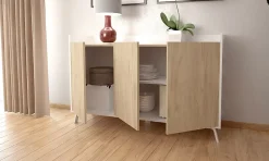 Buffet, meuble de rangement avec 3 portes coloris blanc, chêne - Hauteur 87 x Longueur 140 x profondeur 40 cm