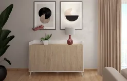 Buffet, meuble de rangement avec 3 portes coloris blanc, chêne - Hauteur 87 x Longueur 140 x profondeur 40 cm