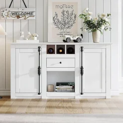 Buffet salon 130x35x70 cm, 2 portes + tiroir, casiers à bouteilles, blanc