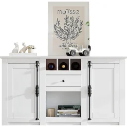 Buffet salon 130x35x70 cm, 2 portes + tiroir, casiers à bouteilles, blanc