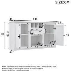 Buffet salon 130x35x70 cm, 2 portes + tiroir, casiers à bouteilles, blanc