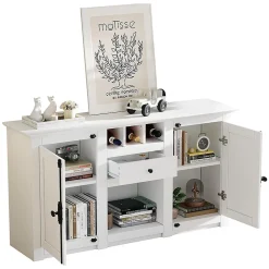 Buffet salon 130x35x70 cm, 2 portes + tiroir, casiers à bouteilles, blanc