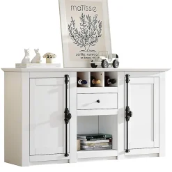 Buffet salon 130x35x70 cm, 2 portes + tiroir, casiers à bouteilles, blanc