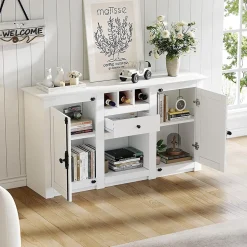 Buffet salon 130x35x70 cm, 2 portes + tiroir, casiers à bouteilles, blanc